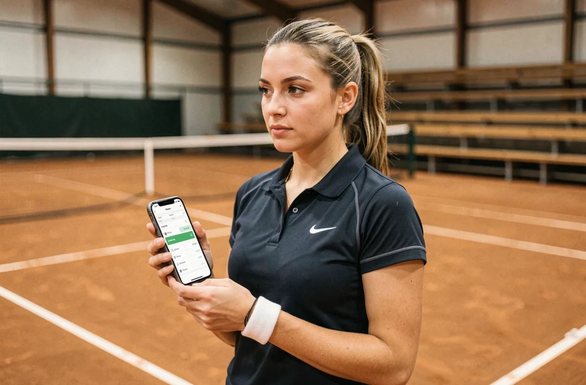Joueuse de tennis consultant un comparatif de barèmes de points P100 et P250 sur smartphone au bord du court