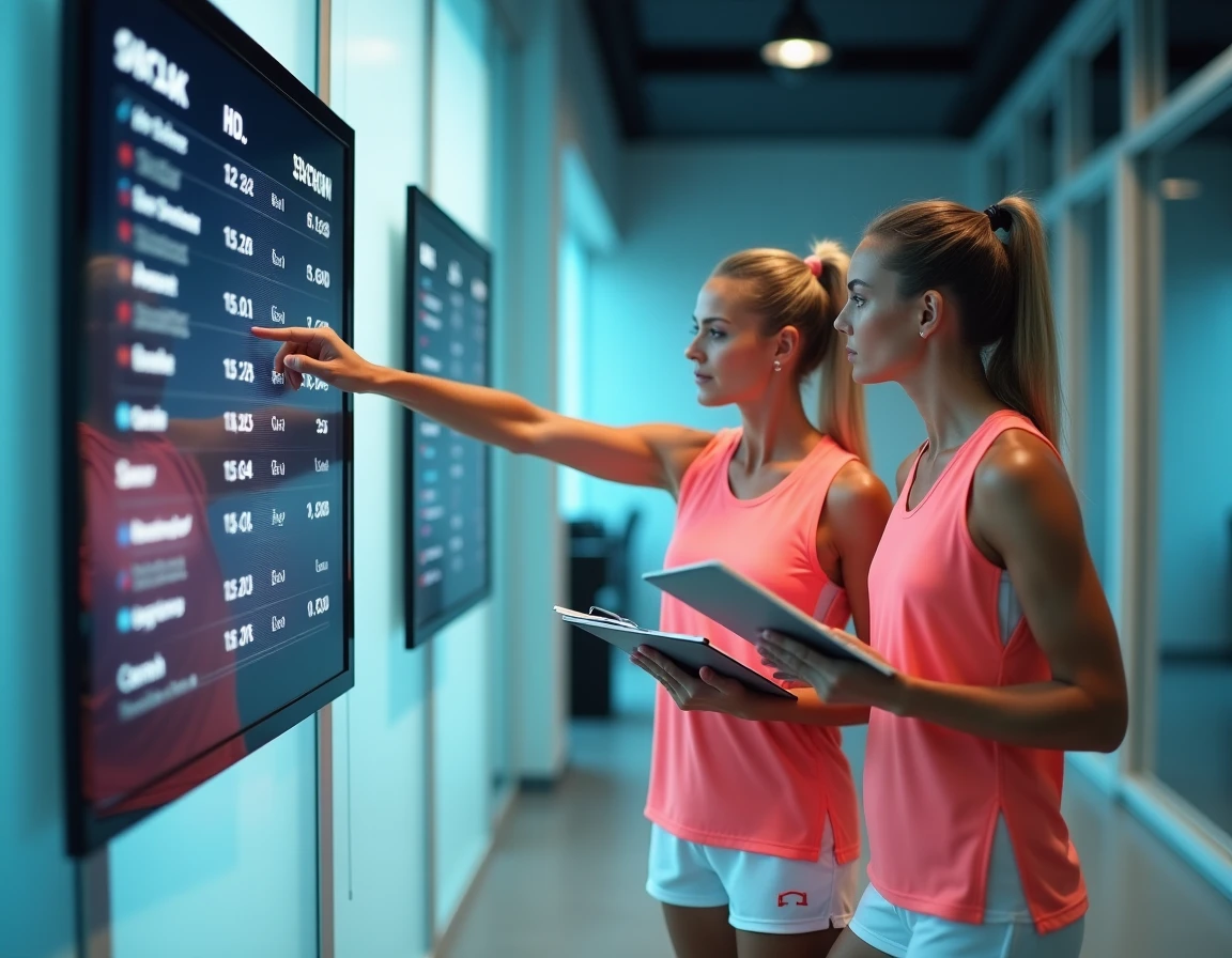 Deux joueuses de padel consultant un tableau de classement dans un club, représentant l'analyse des points P100 pour évaluer leur niveau compétitif