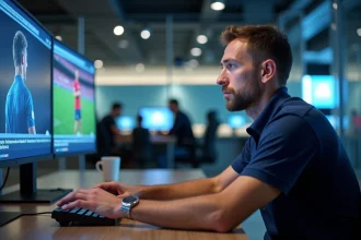 Journaliste sportif suivant le mercato du FC Barcelone en direct sur plusieurs écrans dans une salle de rédaction moderne