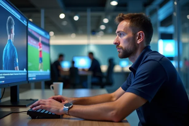 Journaliste sportif suivant le mercato du FC Barcelone en direct sur plusieurs écrans dans une salle de rédaction moderne