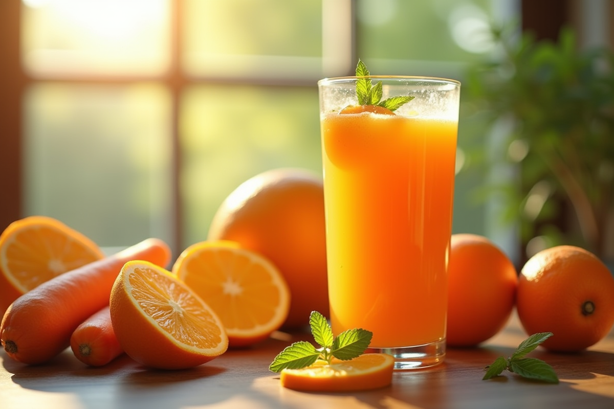 Verre de jus orange et carotte frais sur une table en bois