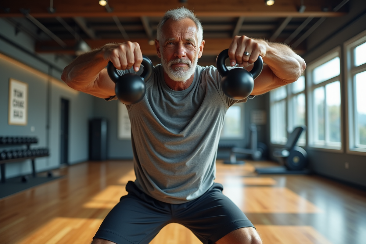 Homme faisant des swings de kettlebell dans une salle de sport
