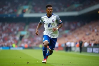 Footballeur de l'équipe de France en action lors d'un match officiel, sprintant sur la pelouse avec concentration et détermination