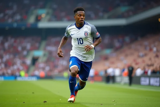 Footballeur de l'équipe de France en action lors d'un match officiel, sprintant sur la pelouse avec concentration et détermination
