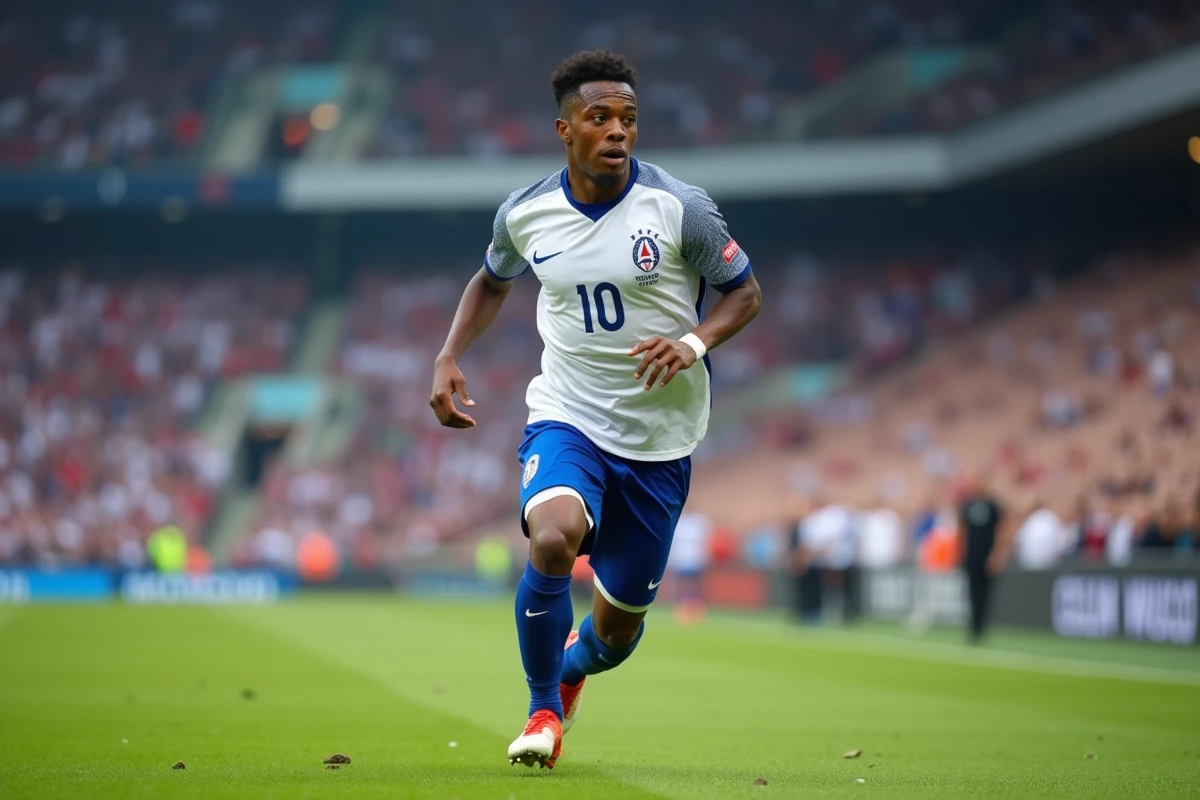 Footballeur de l'équipe de France en action lors d'un match officiel, sprintant sur la pelouse avec concentration et détermination