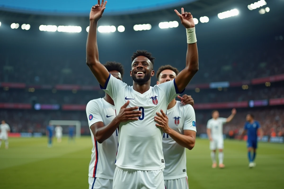 Célébration d'un but avec les coéquipiers de l'équipe de France sous les acclamations du stade, scène de joie collective authentique