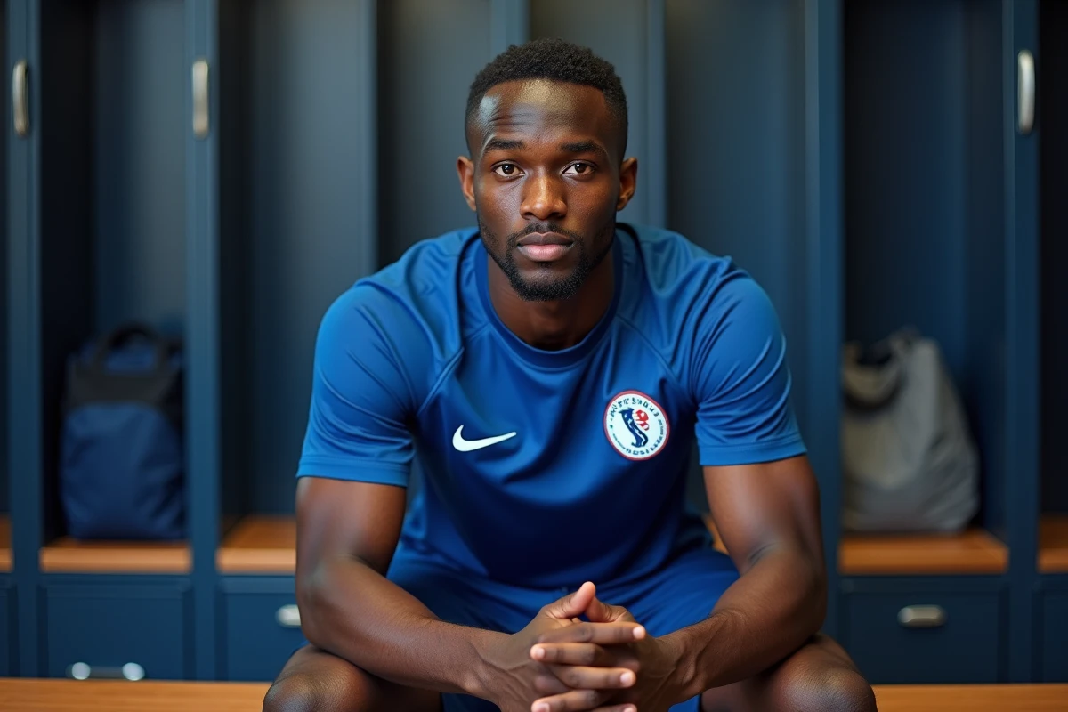 Joueur de football de l'équipe de France assis dans le vestiaire en tenue d'entraînement bleue, regard confiant et posture déterminée