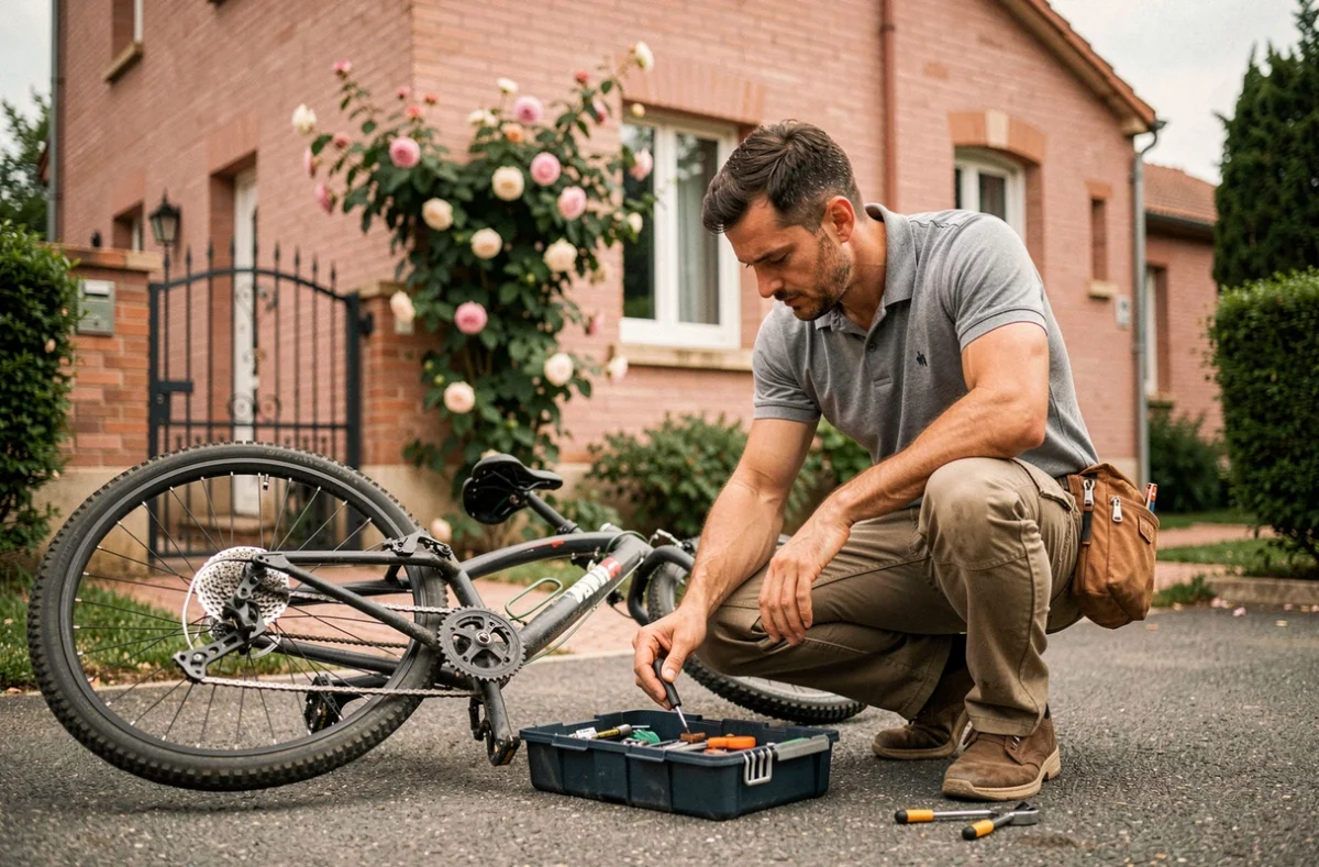 Mécanicien de La Roue Libre réparant un vélo à domicile chez un client, devant une maison en briques roses typique de Toulouse