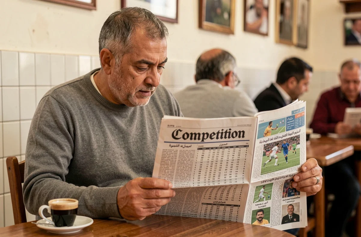 Homme lisant le journal sportif Competition avec les résultats de la Ligue 1 algérienne