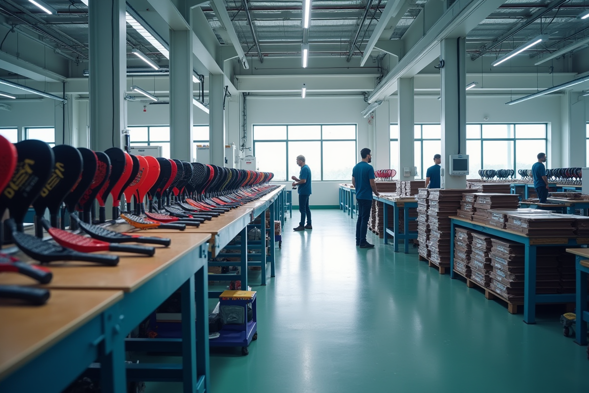 Chaîne de production de raquettes Bullpadel en usine lumineuse