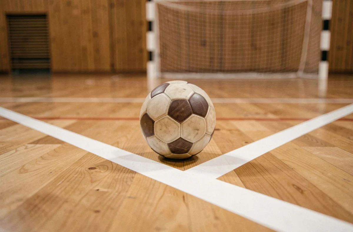 Détail des lignes réglementaires d'un terrain de handball avec ballon posé sur la zone de but en parquet