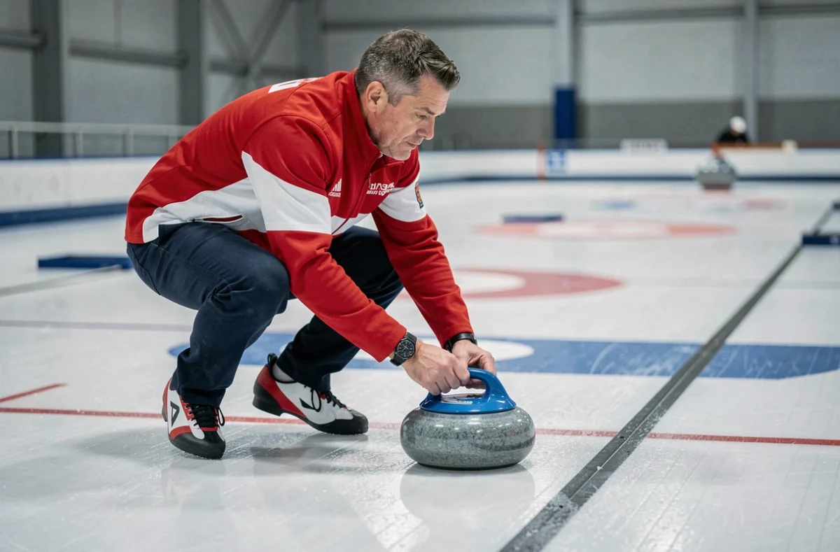 Joueur de curling en position de livraison relâchant une pierre de granit sur la glace lors d'une manche officielle