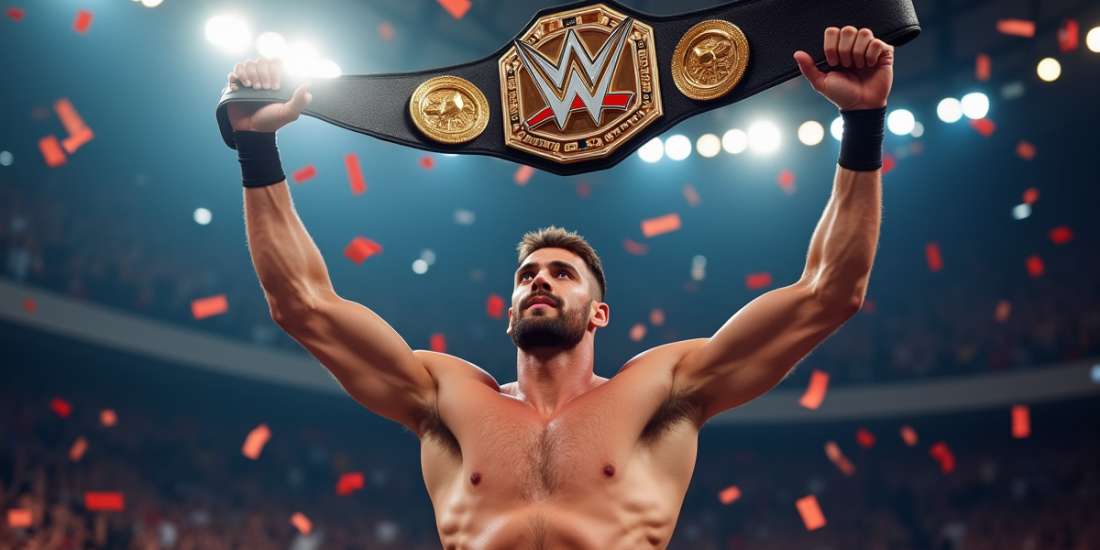 Lutteuse triomphante brandissant la ceinture de champion dans une arene lumineuse