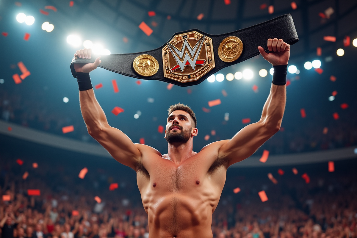 Lutteuse triomphante brandissant la ceinture de champion dans une arene lumineuse