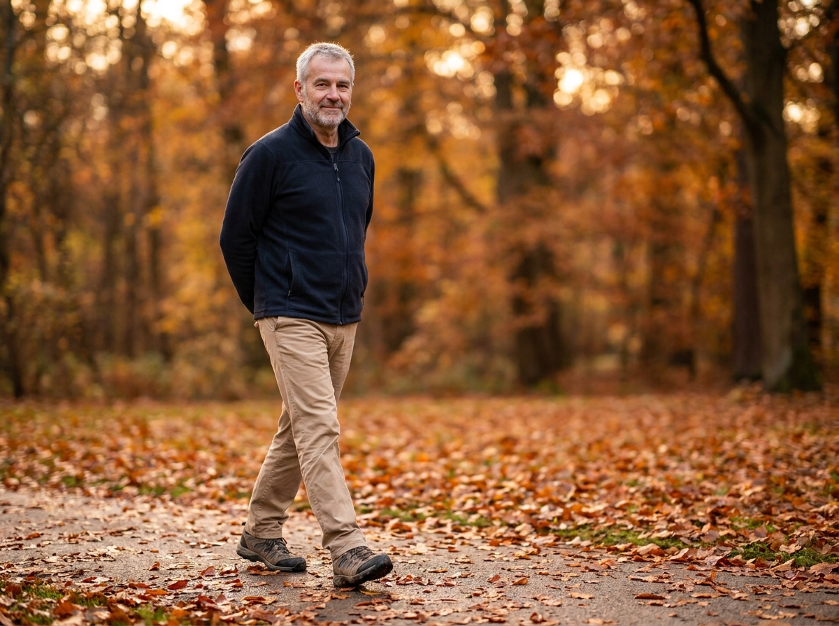 Homme senior marchant tranquillement dans un parc en automne pour entretenir ses articulations en douceur