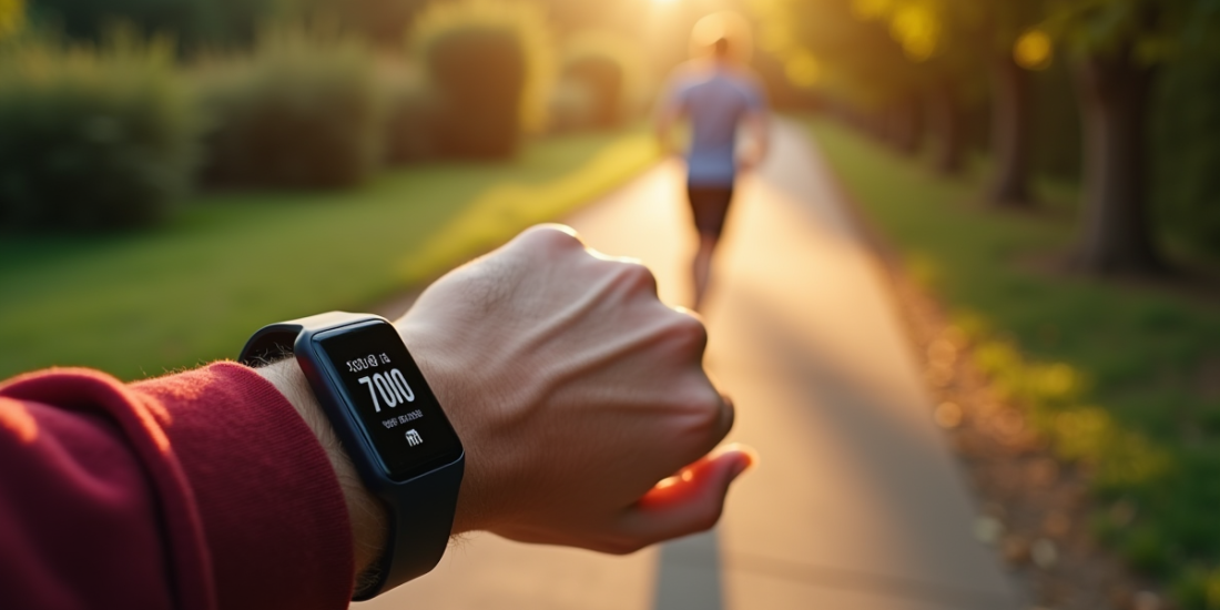 Personne marchant dans un parc ensoleille avec tracker affichant 7000 pas