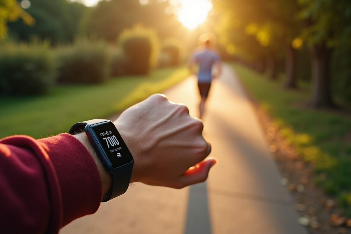 Personne marchant dans un parc ensoleille avec tracker affichant 7000 pas