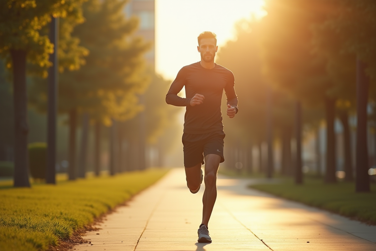 Homme en forme marchant dans un parc urbain au matin