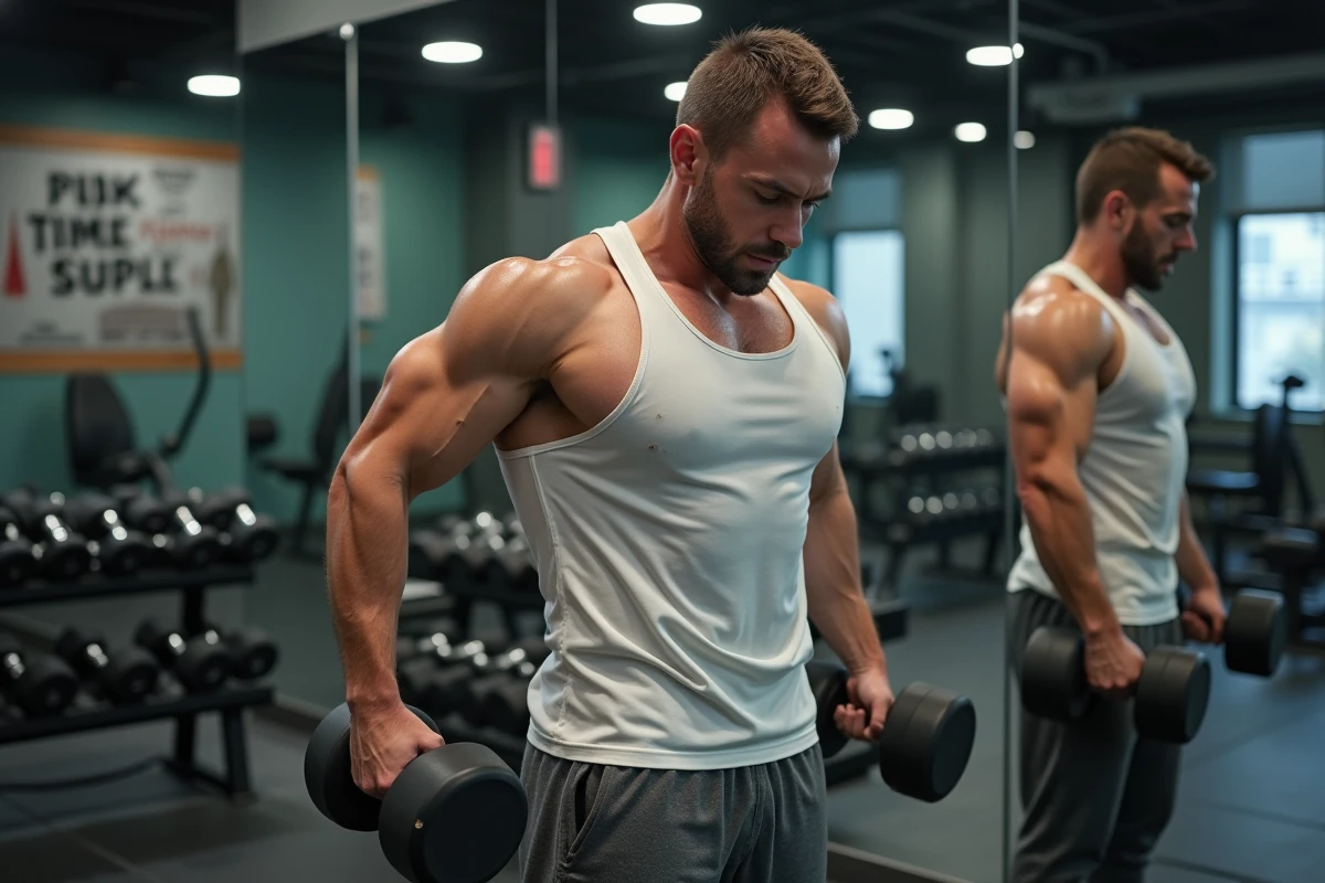 Homme s'observant dans le miroir d'une salle de sport pendant un curl biceps avec une mauvaise technique d'exécution