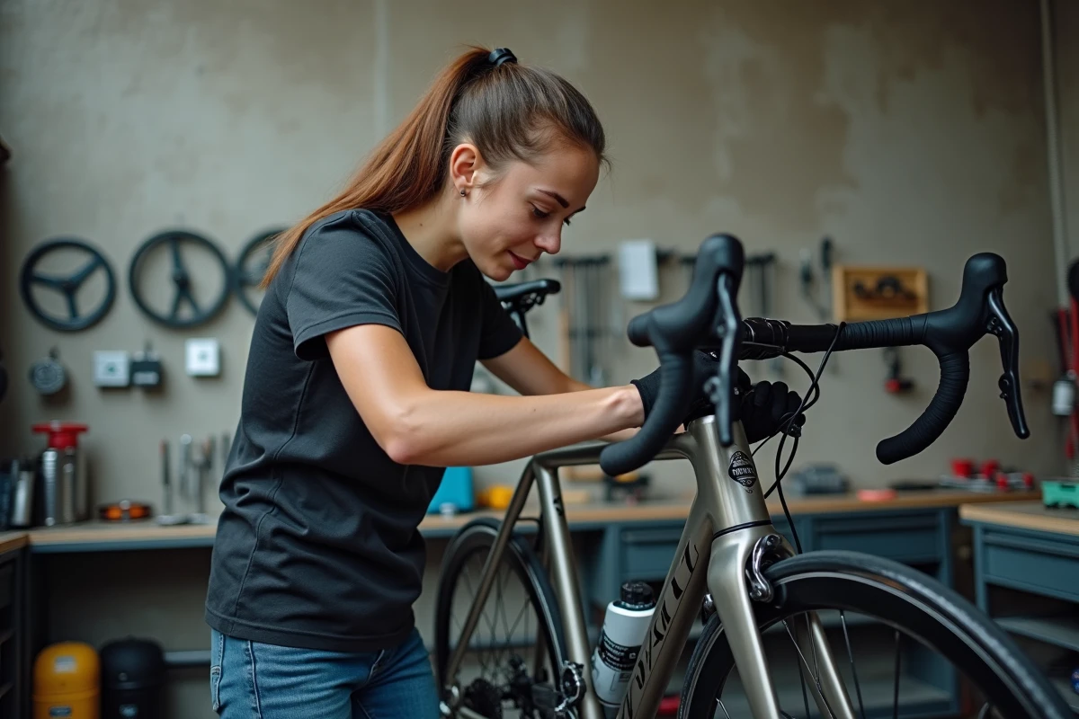 Jeune femme mécanicienne vérifiant un vélo en atelier