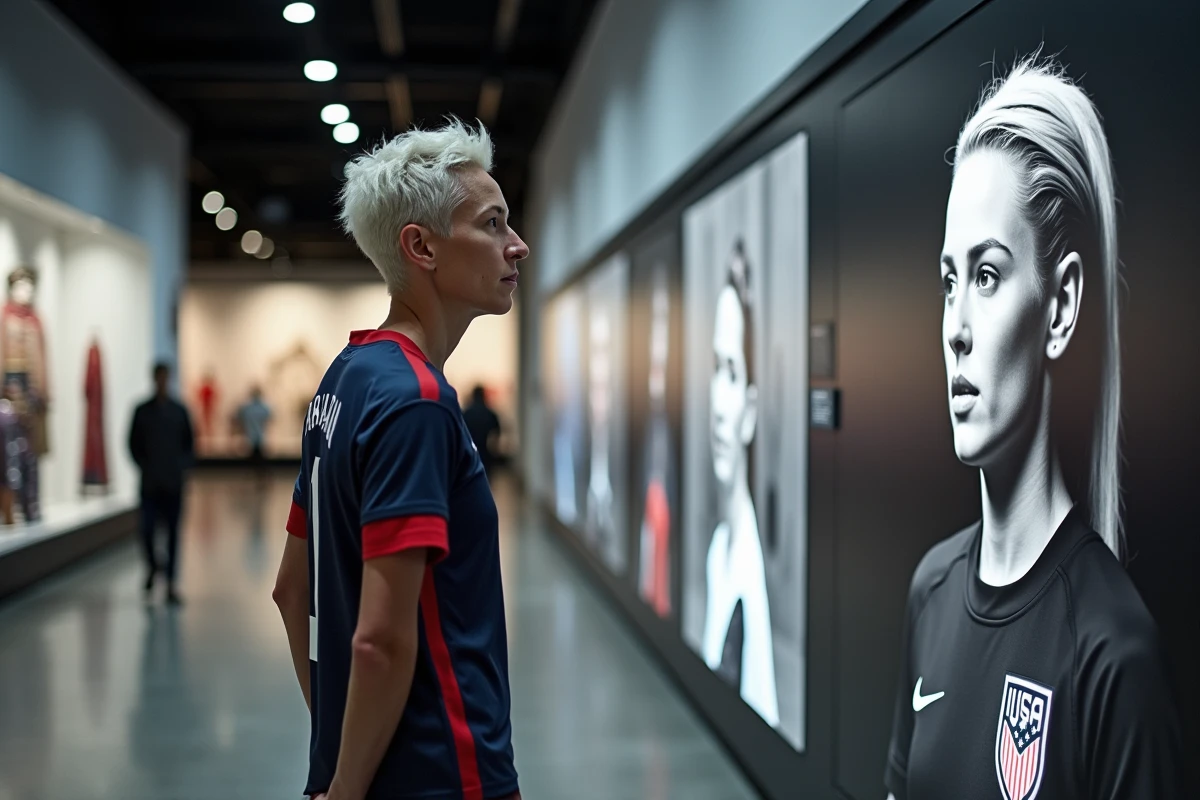 Megan Rapinoe regardant un mural de Mia Hamm dans un musée
