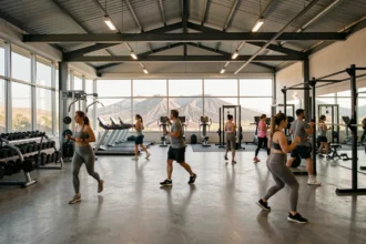 Vue panoramique d'une salle de sport moderne dans le Puy-de-Dôme avec zones de musculation, cardio et entraînement fonctionnel