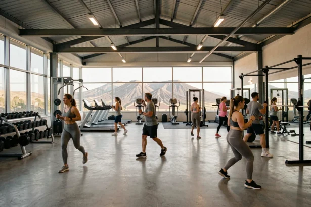 Vue panoramique d'une salle de sport moderne dans le Puy-de-Dôme avec zones de musculation, cardio et entraînement fonctionnel