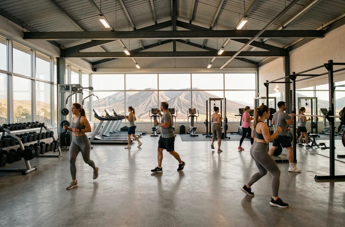 Vue panoramique d'une salle de sport moderne dans le Puy-de-Dôme avec zones de musculation, cardio et entraînement fonctionnel