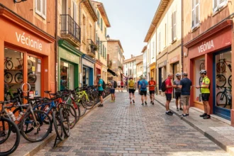 Rue commerçante animée d'Occitanie avec plusieurs boutiques de vélos et cyclistes, ambiance ensoleillée typique du Sud de la France