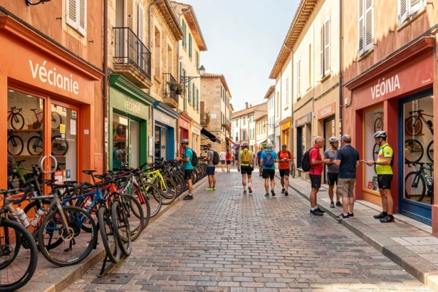 Rue commerçante animée d'Occitanie avec plusieurs boutiques de vélos et cyclistes, ambiance ensoleillée typique du Sud de la France