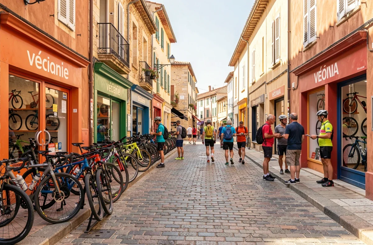 Rue commerçante animée d'Occitanie avec plusieurs boutiques de vélos et cyclistes, ambiance ensoleillée typique du Sud de la France