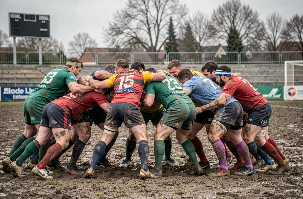 Mêlée serrée entre deux équipes de rugby Fédérale 2 lors d'une rencontre de Poule 4