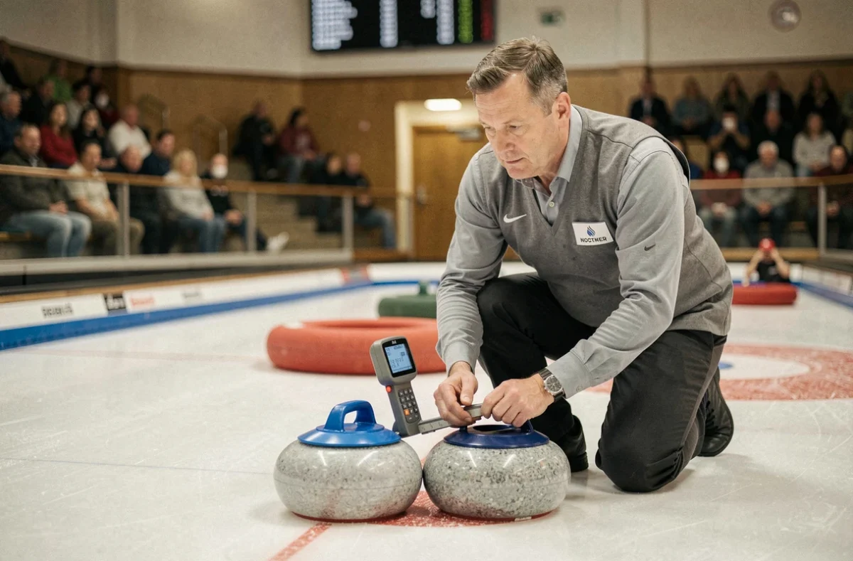 Arbitre de curling mesurant la distance entre deux pierres près de la maison pour déterminer le score d'une manche