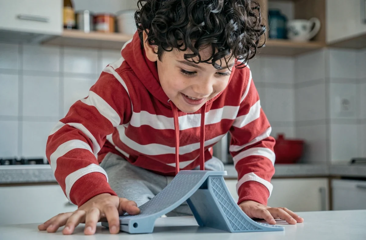Jeune garçon sportif jouant avec un mini skatepark d'intérieur dans un appartement