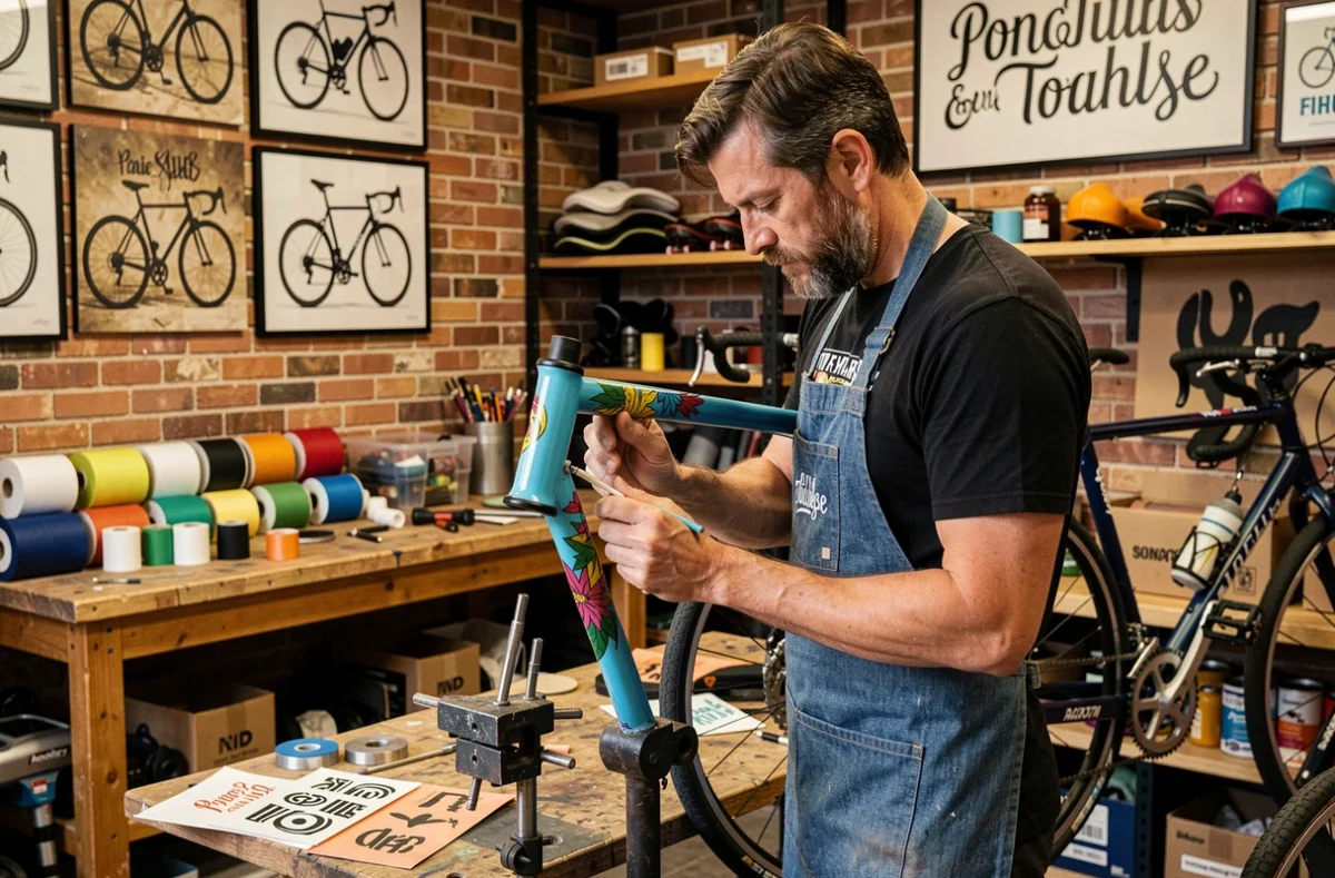 Artisan de Monsieur Pignon Madame Guidon à Toulouse personnalisant un cadre de vélo dans un atelier créatif aux murs en briques