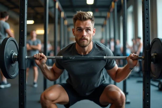 Jeune homme concentré effectuant un squat barre dans une salle de musculation animée, ignorant les distractions autour de lui