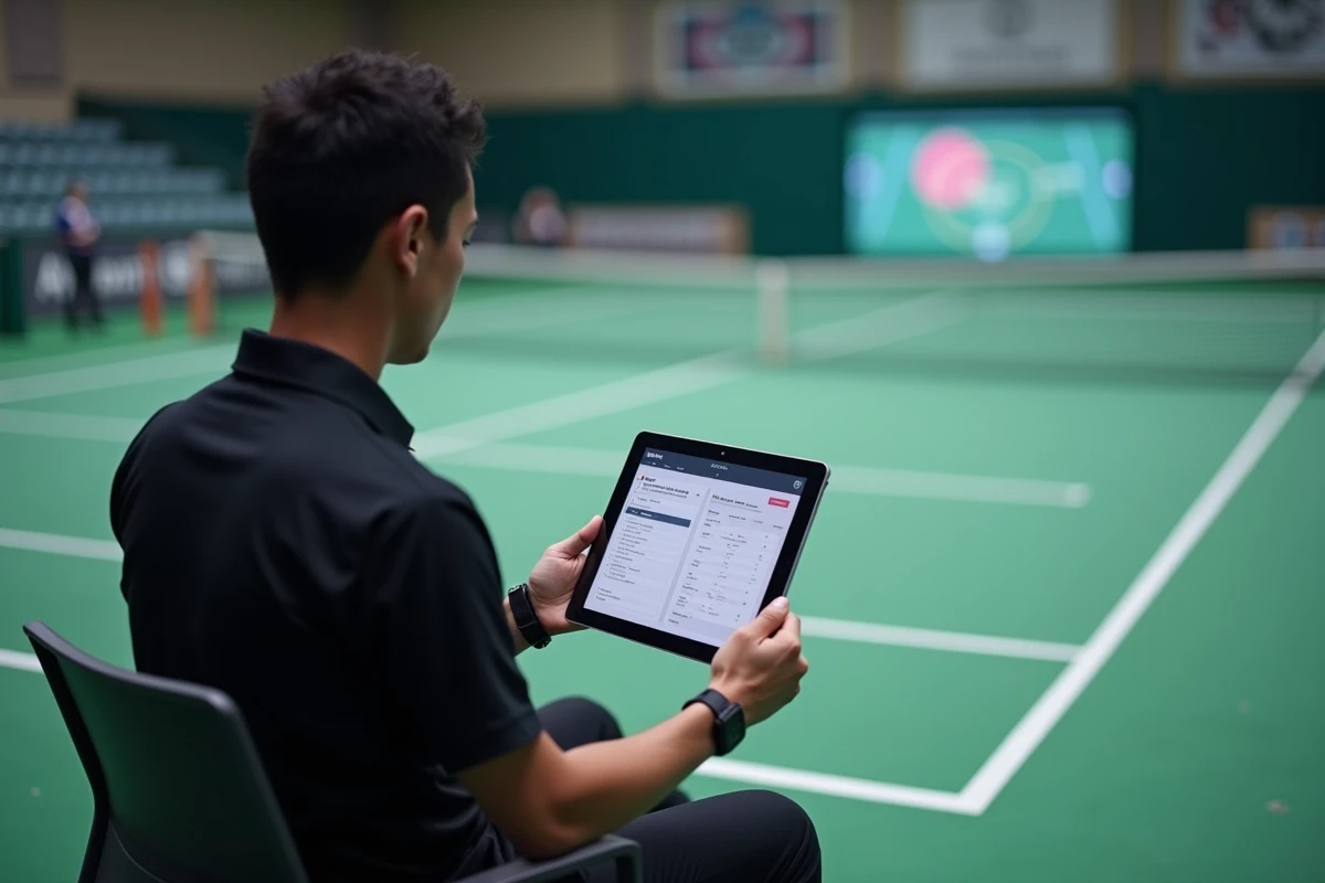 Arbitre de tennis consultant une interface numérique de nouvelles règles en chaise d'arbitre lors d'un match officiel, illustrant les nouvelles règles et formats de compétition 2026