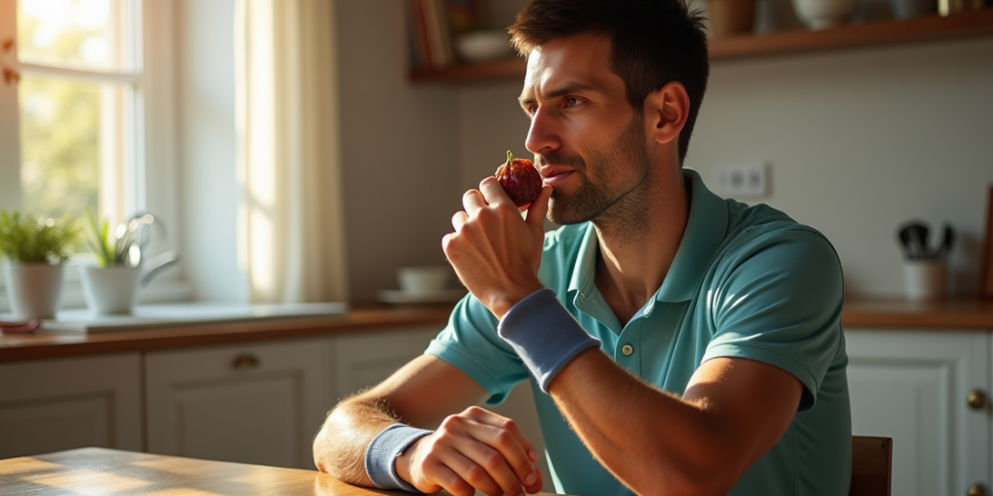 Novak Djokovic tenant un datte frais avant l'entraînement