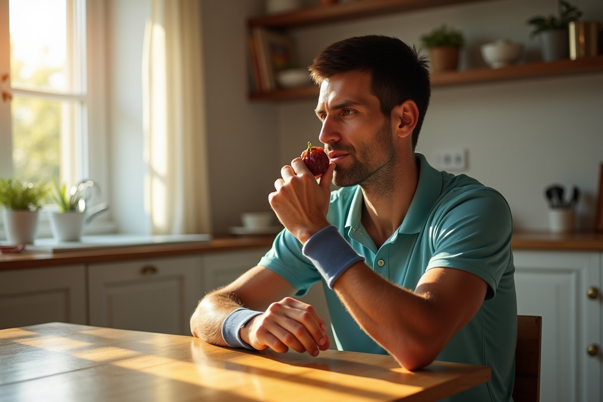 Novak Djokovic tenant un datte frais avant l'entraînement