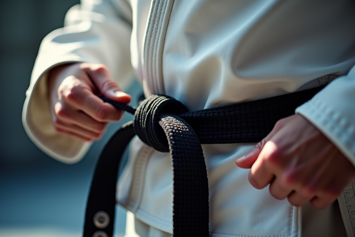Détail d un expert nouant sa ceinture de jiu jitsu