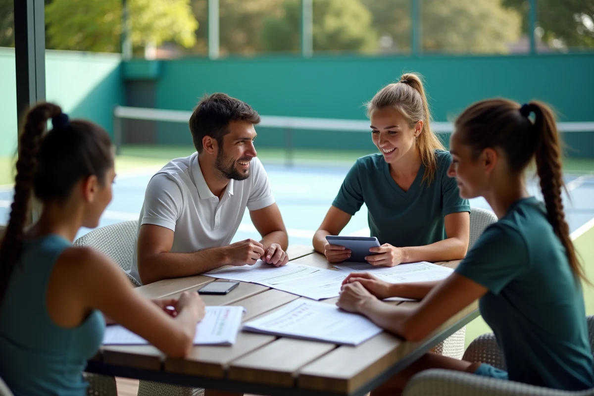 Groupe de joueurs et joueuses de tennis professionnels examinant leur programme de saison ensemble, illustrant les objectifs des favoris du circuit ATP et WTA