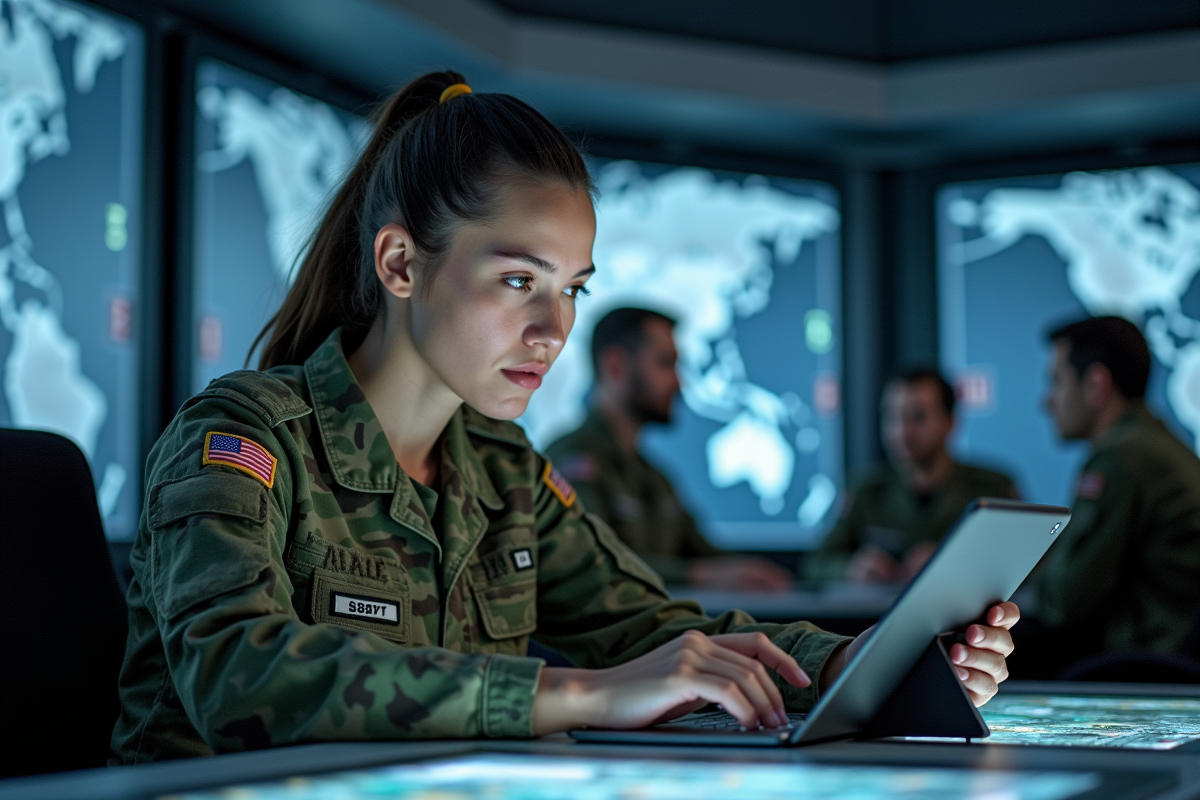 Jeune officier NATO analysant une tablette dans un centre de commandement