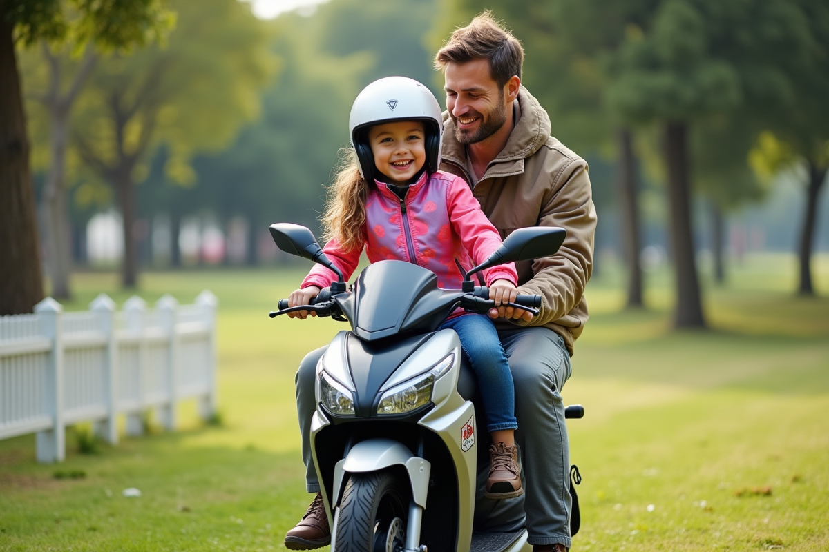 Père et fille avec moto dans parc en famille