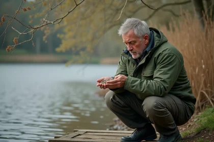 Pêcheur au bord du lac avec appât discret en main