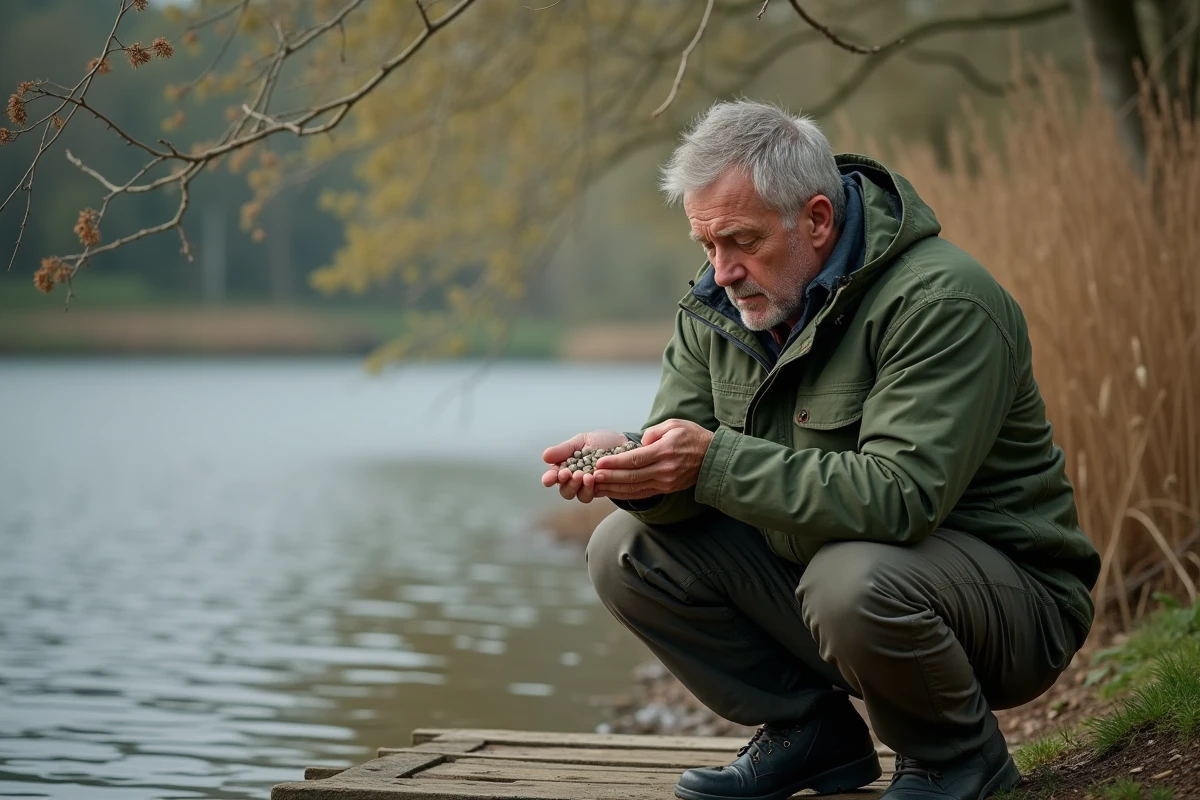 Pêcheur au bord du lac avec appât discret en main