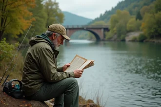 Homme d'âge moyen vérifiant un permis de pêche au bord de la rivière