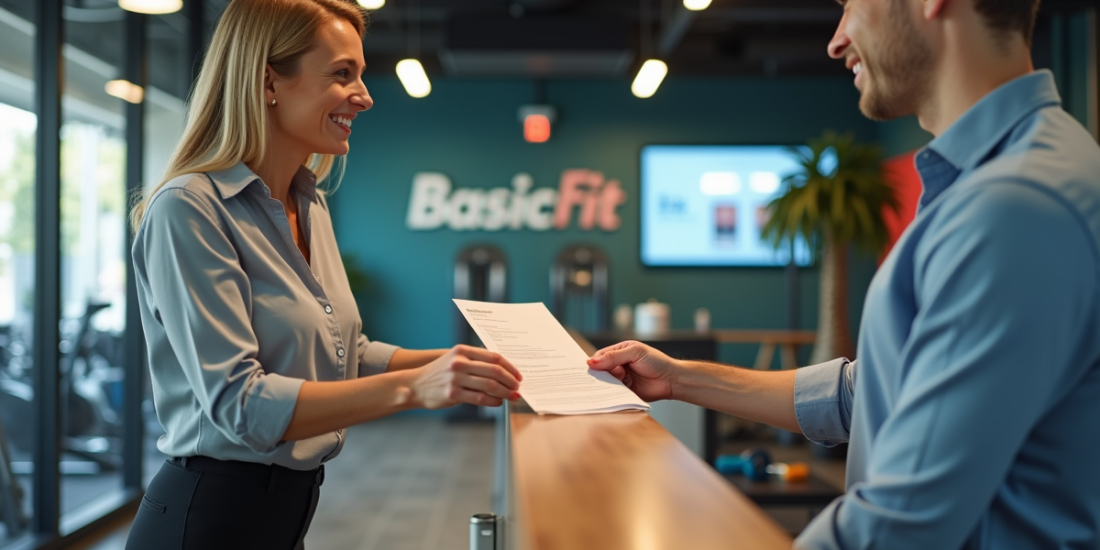Personne remettant un formulaire de démission à la réception dans un gymnase Basic Fit