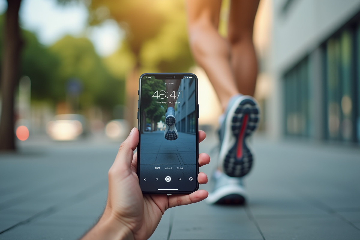 Pieds en chaussures de course avec smartphone montrant la distance en km