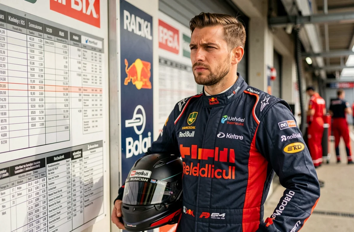 Pilote de Formule 1 en combinaison de course debout dans le couloir des stands, casque sous le bras, expression concentrée devant le mur du garage d'écurie