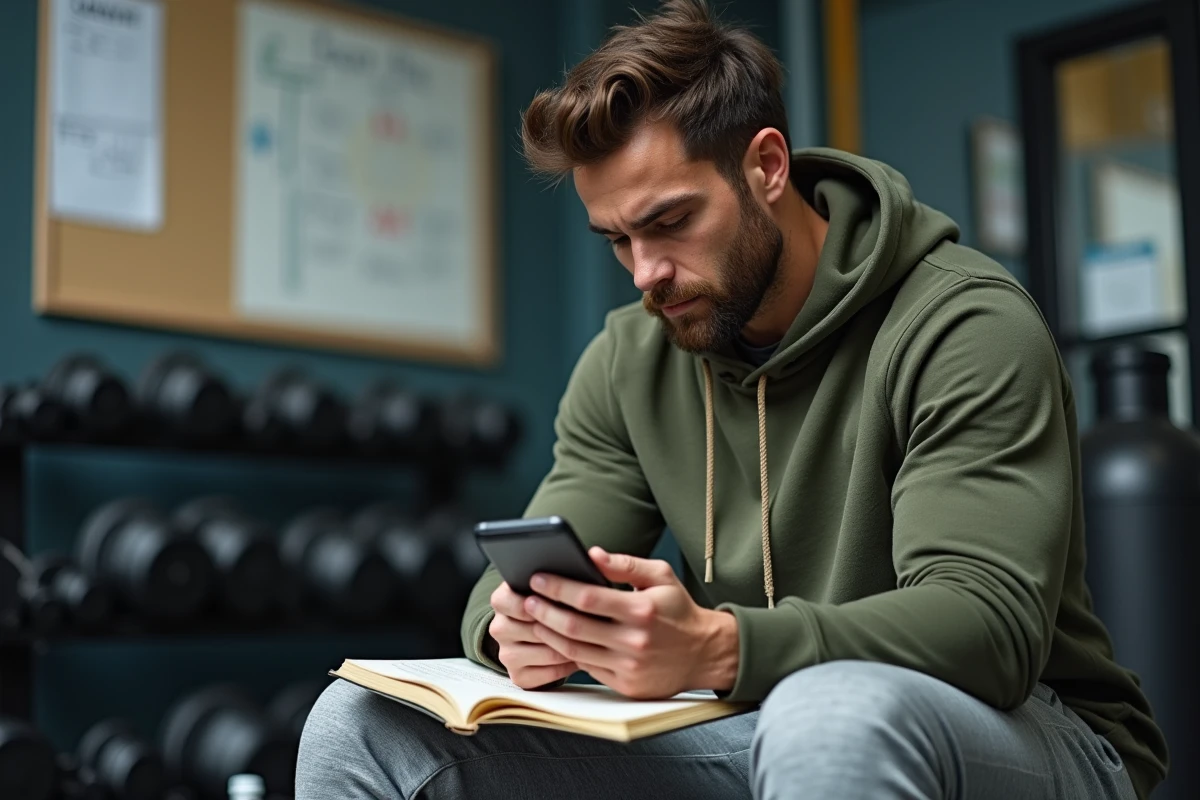 Homme en salle de musculation consultant son journal d'entraînement et son application fitness pour planifier sa progression